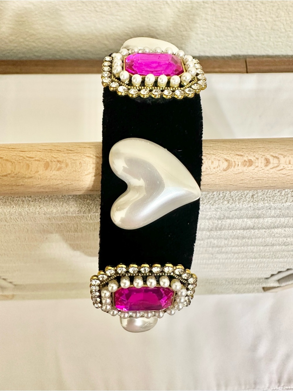 Handmade Black Velvet Bracelet with Pink Gem & Pearl Heart
